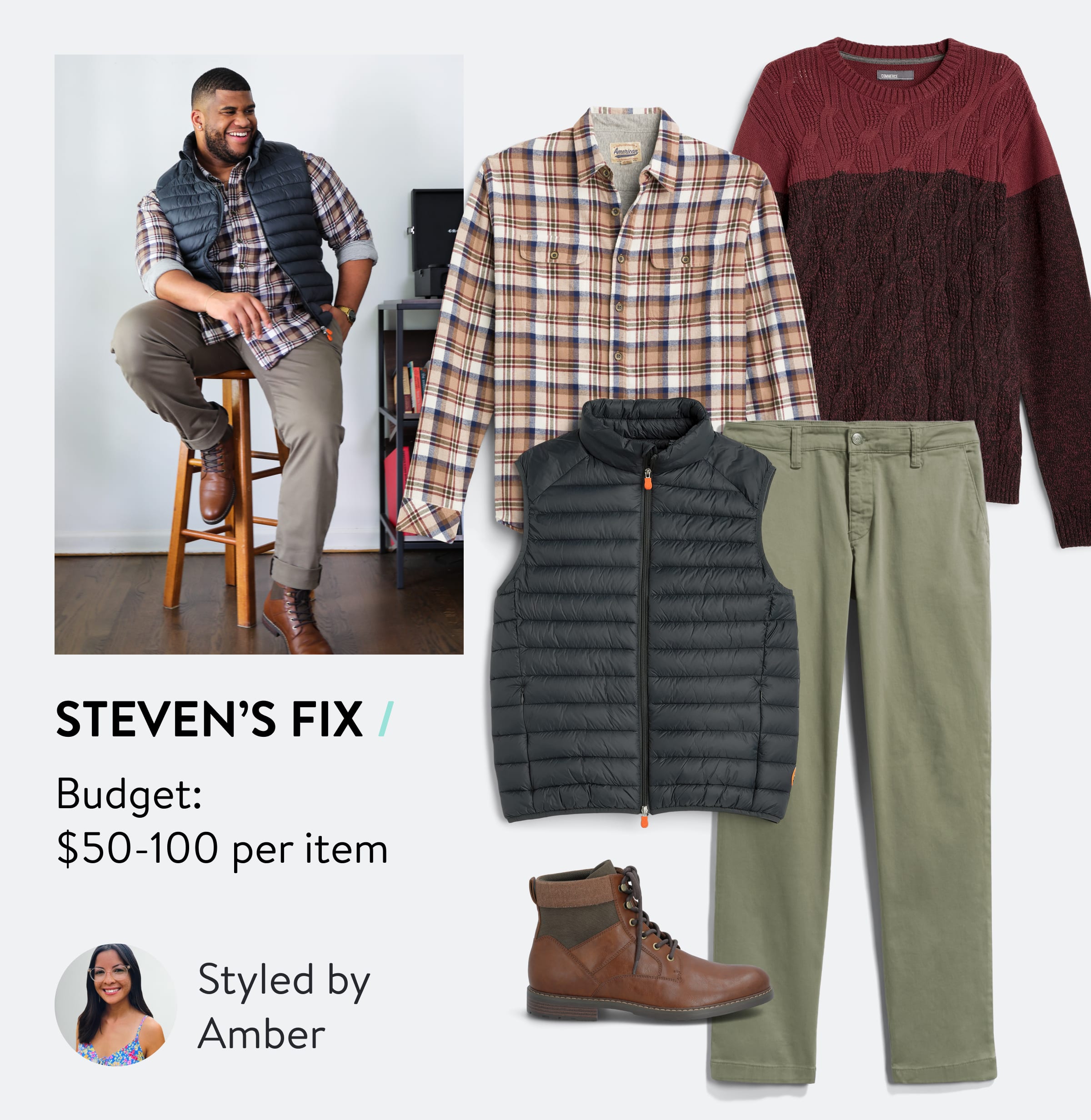Steven’s Fix. Budget: $50-100 per item. Styled by Amber. Man wearing plaid shirt, navy down vest, green chino pants and brown boots, selection of Stitch Fix outfit, Stitch Fix Stylist wearing floral top and glasses