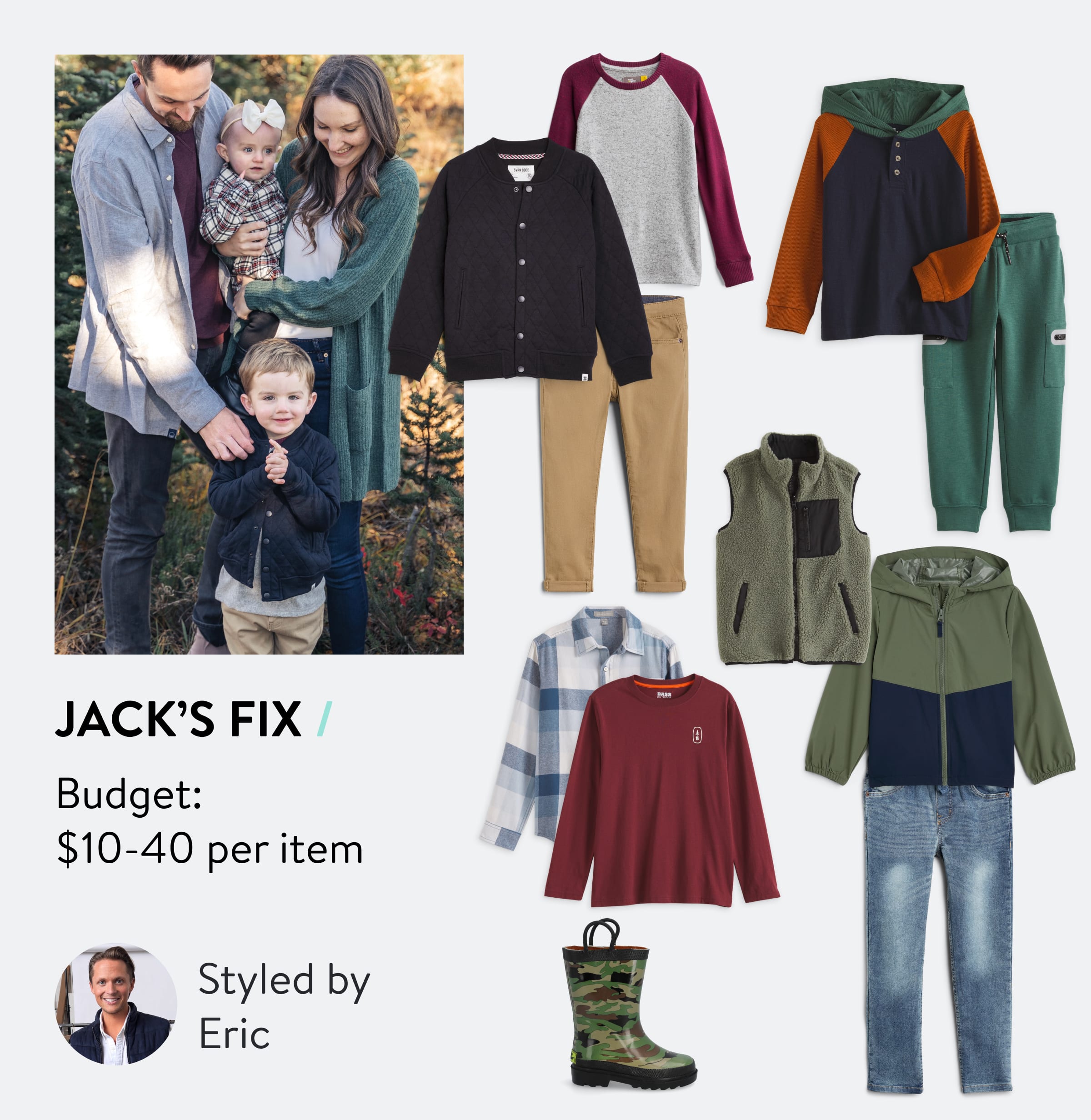 Jack’s Fix. Budget: $10-40 per item. Styled by Eric. Family holding baby and young boy all in Stitch Fix clothing. Kids Fix box contents including quilted jacket, long-sleeve t-shirt, colorblock hoodie, green sweatpants, fleece vest, windbreaker, jeans, flannel shirt and camo rubber rain boots. Stitch Fix Stylist wearing a vest and white oxford button-down shirt