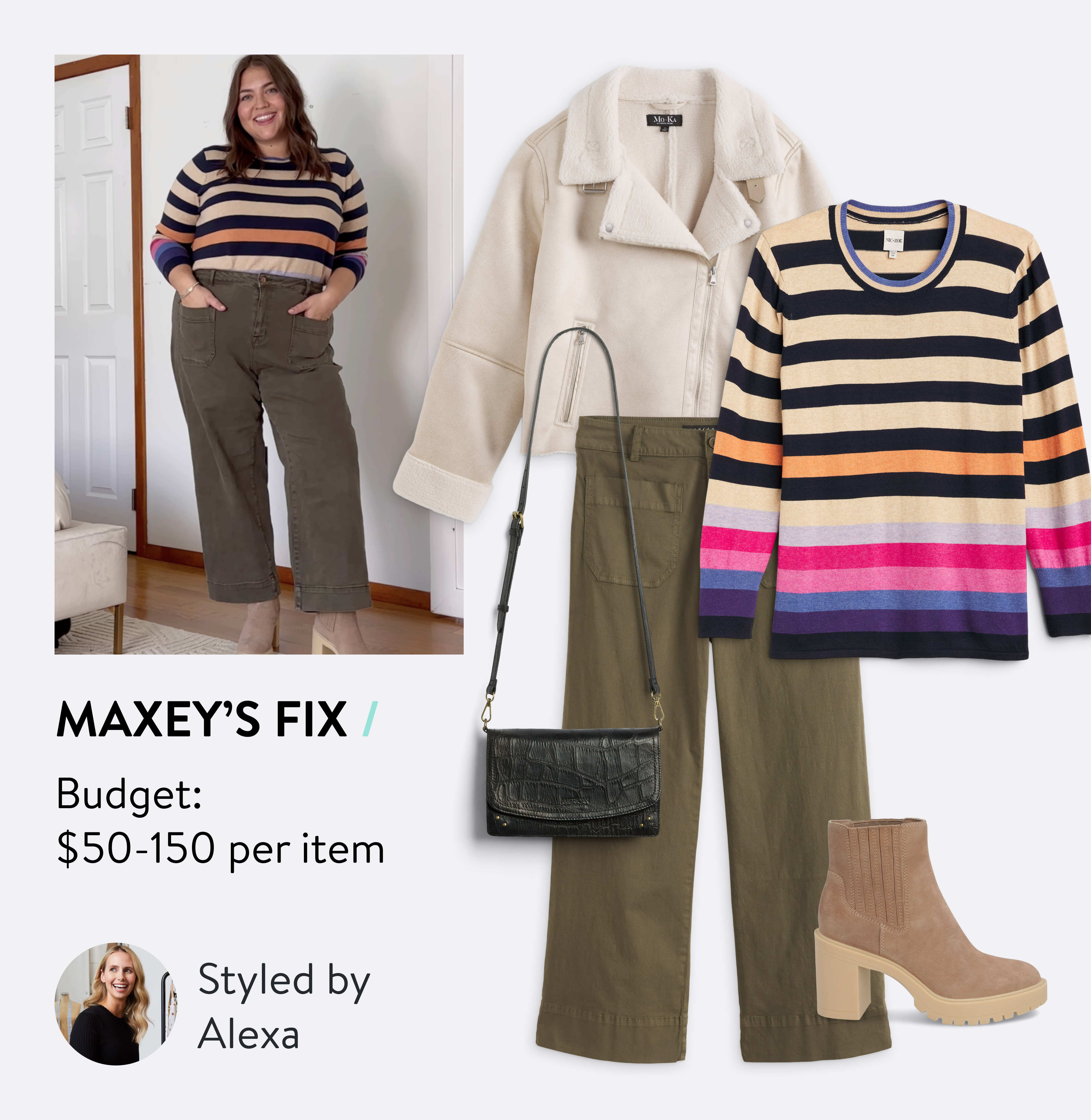 Maxey’s Fix. Budget: $50-150 per item. Styled by Alexa. Woman in striped sweater, cargo pants and boots, selection of Stitch Fix outfit with beige moto jacket, colorful striped sweater, green wide-leg cargo pants, black cross body bag, and tan boots, Stitch Fix Stylist wearing black top