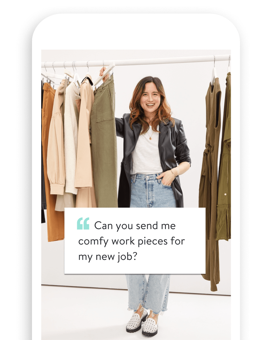 [2.] Phone with image of Stitch Fix Stylist smiling wearing jeans, leather blazer and t-shirt under a rack of neutral color clothes and client question about comfy workwear