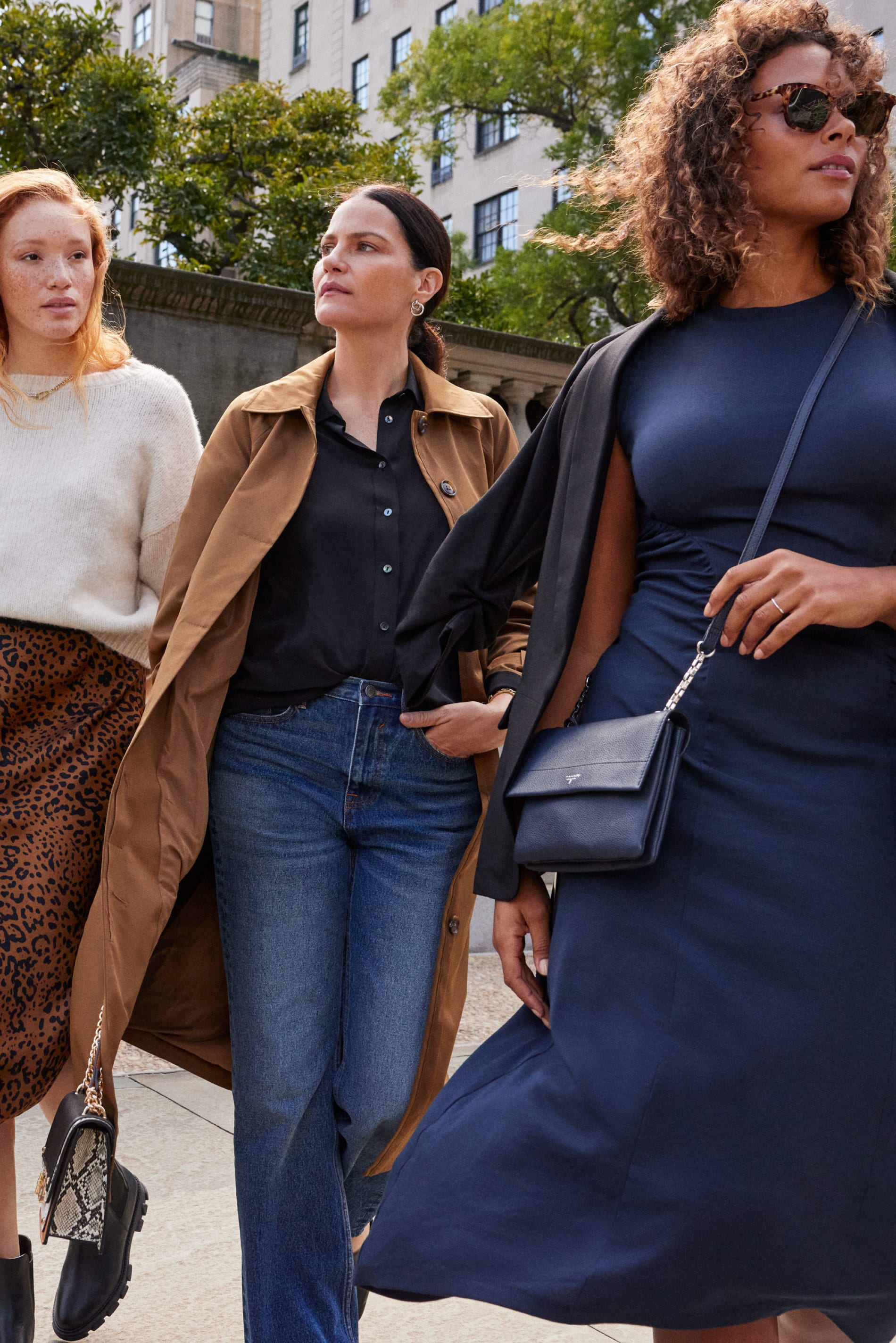 Models wearing Stitch Fix women’s clothing including trending workwear, trench coats, knit sweaters and blazer jackets.