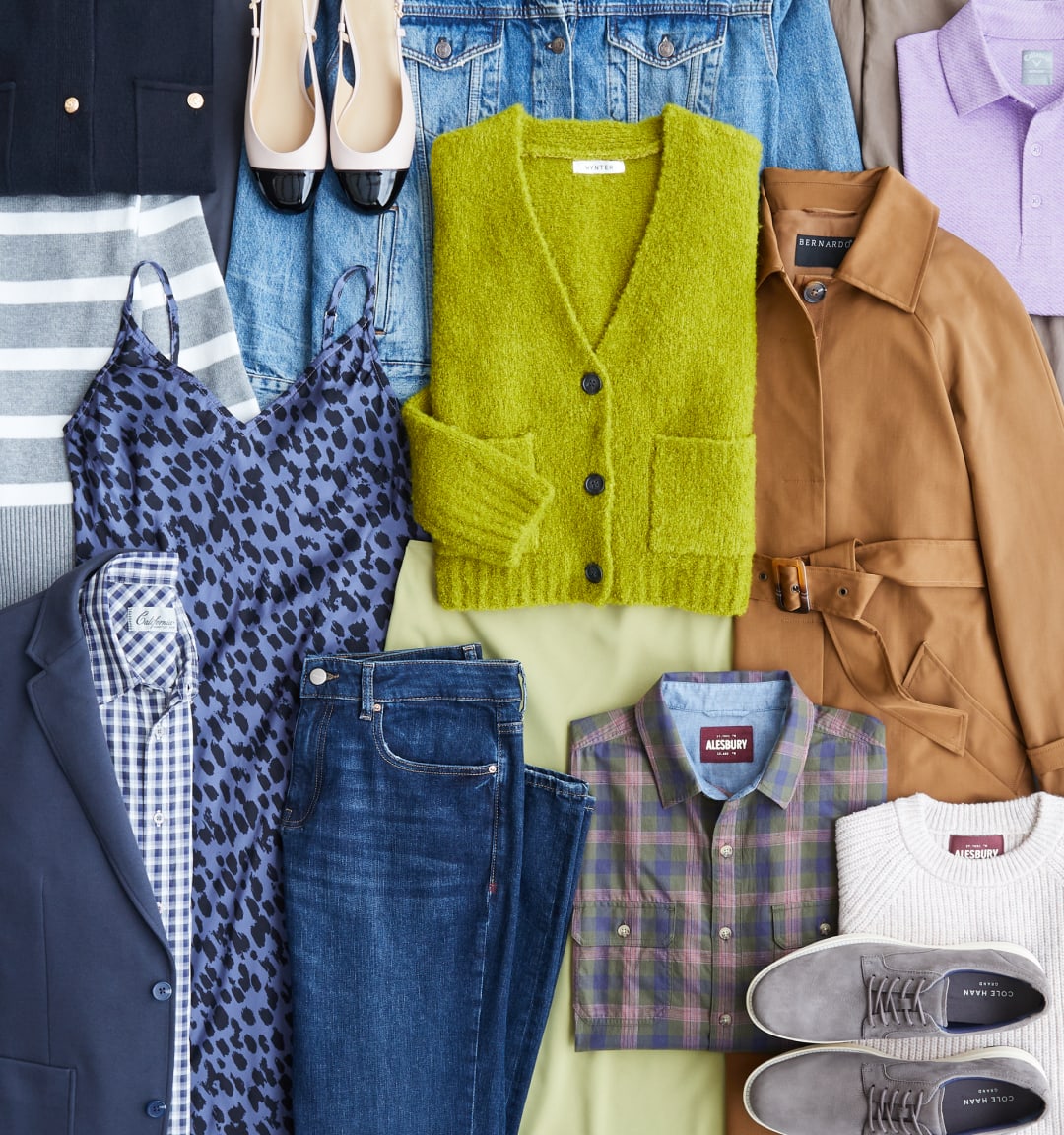 Stitch Fix clothing from various brands including trending styles including women’s and men’s denim, knit sweaters and button-down shirts.